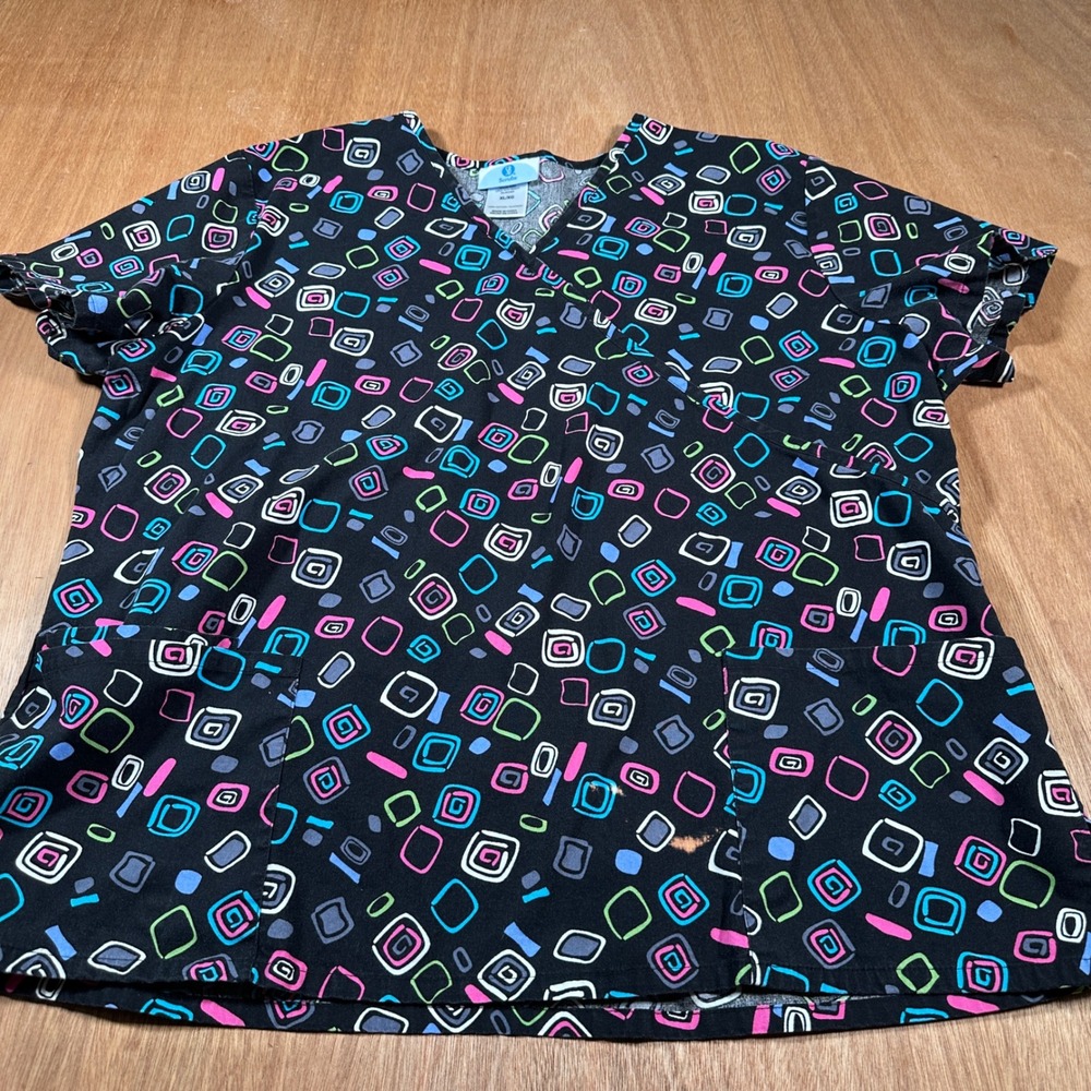 SB Scrubs V-Neck Top Women XL Black Neon Geometric Square Print SB03A750